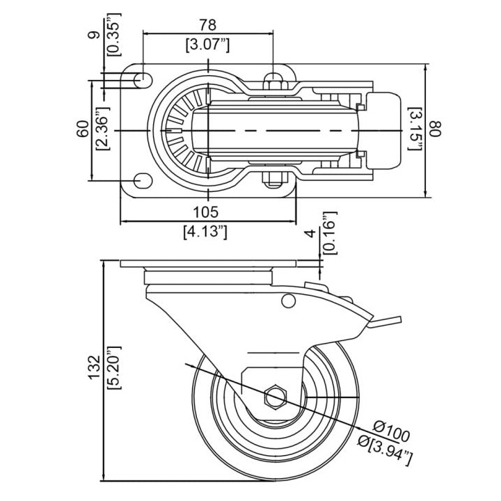 100mm Braked Swivel Castor with Rubber Blue Wheel