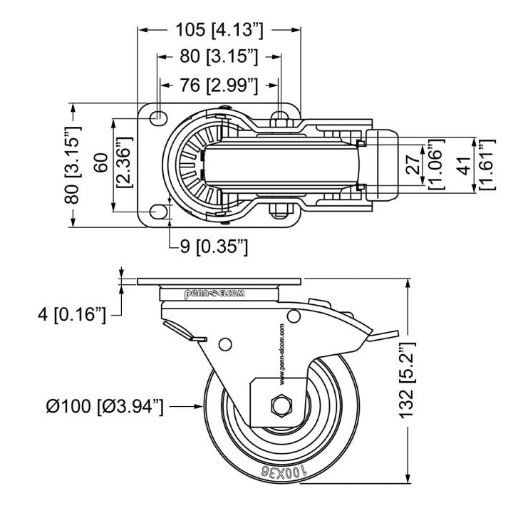 100mm Braked Swivel Automatic Castor with Rubber Blue Wheel