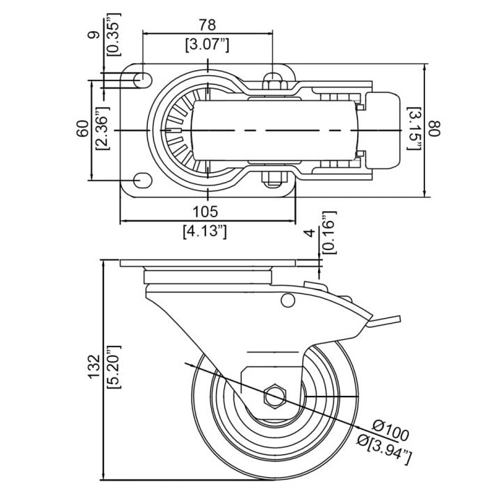 100mm Heavy Duty Braked Swivel Castor with Rubber Blue Wheel