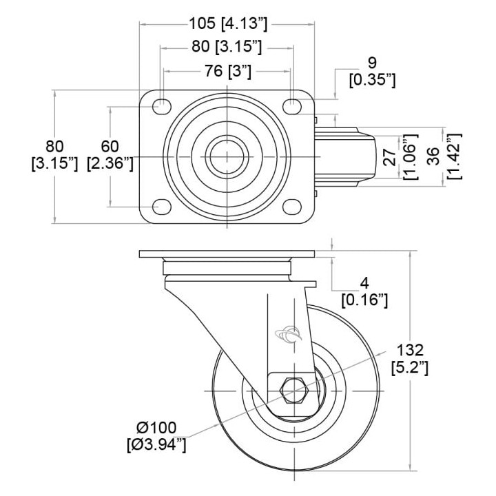 100mm Swivel Castor with Rubber Blue Wheel