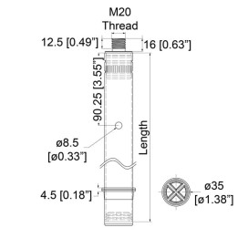 35mm Steel Tube with M20 Thread - 660mm Long