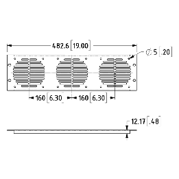 3U Black Flanged Rack Panel with Vents for 3 x Fans
