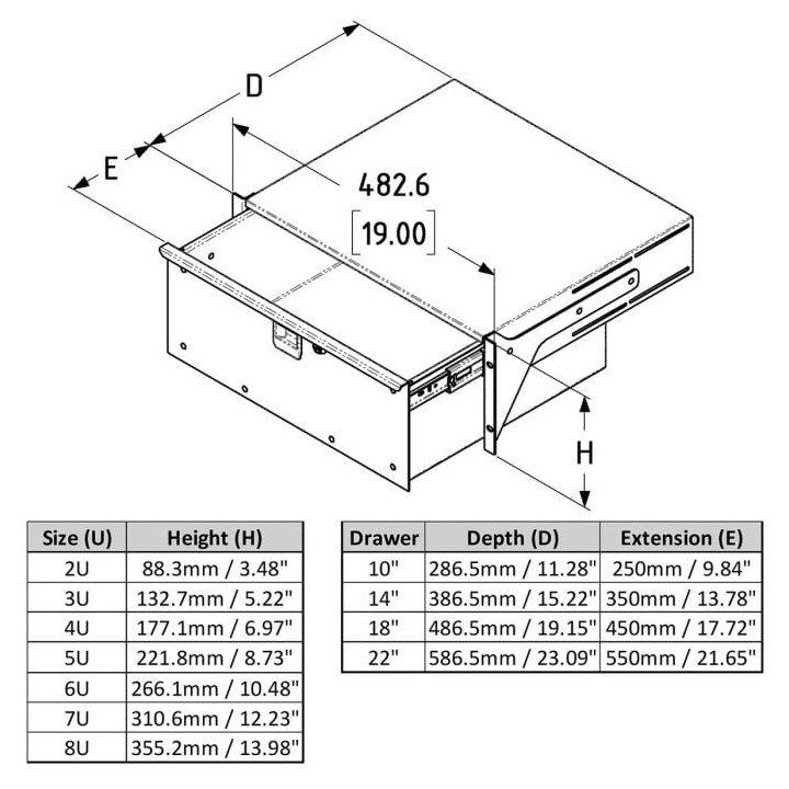 485mm Deep, 8U Heavy Duty Rack Drawer with Handle