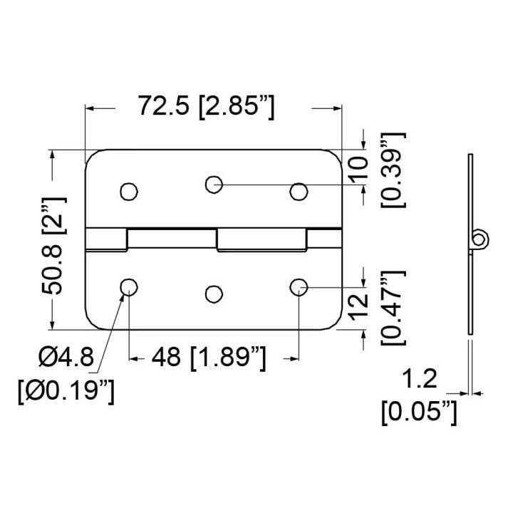 50.8mm x 72.5mm 6 Hole Black Hinge