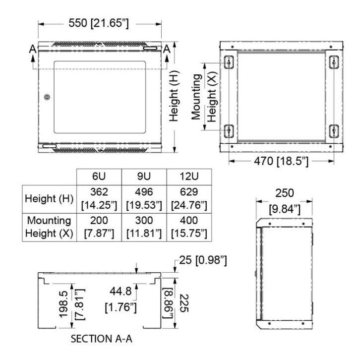 6U Shallow Wall Mount Rack M6 Threaded Rails