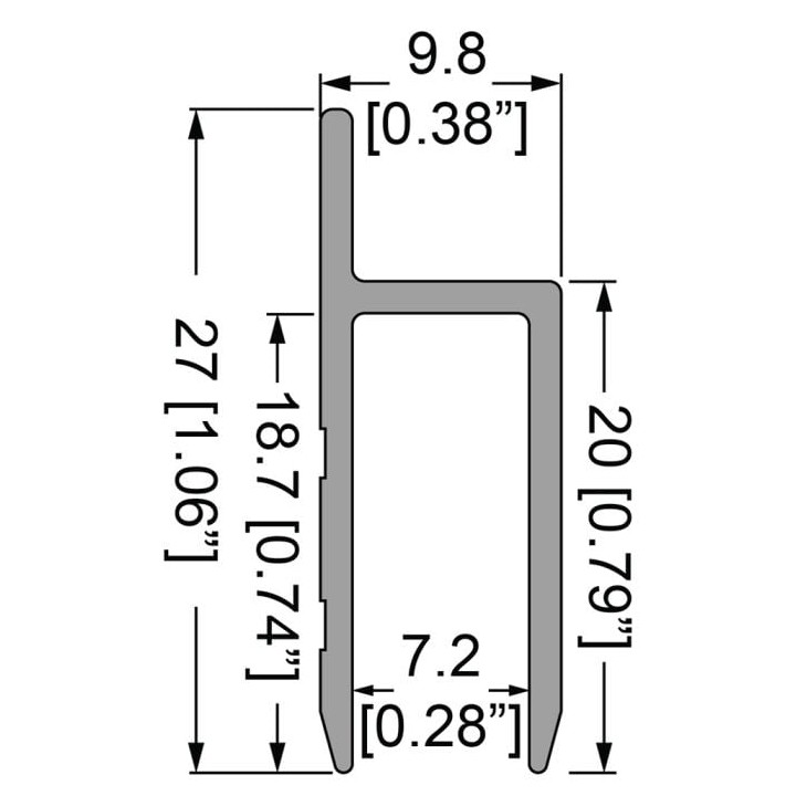 7.2mm Door Trim h Extrusion with 20mm Legs - 4m Long