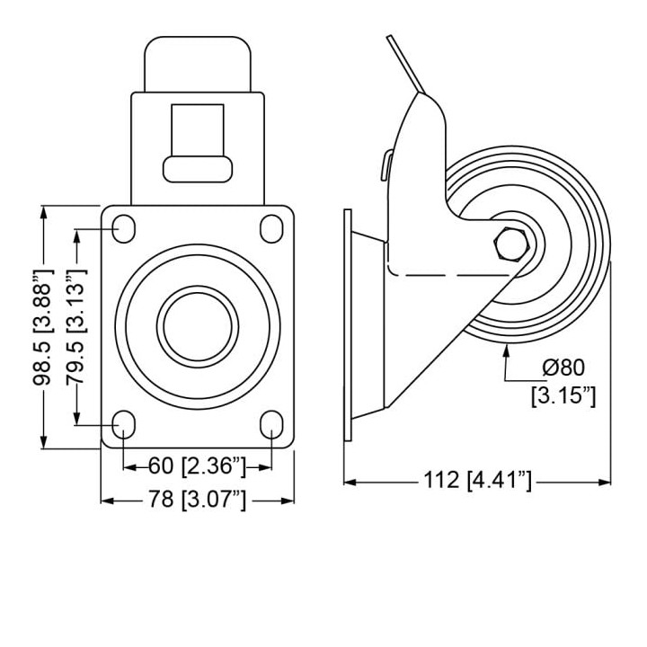 80mm Braked Swivel Castor with Rubber Black Wheel