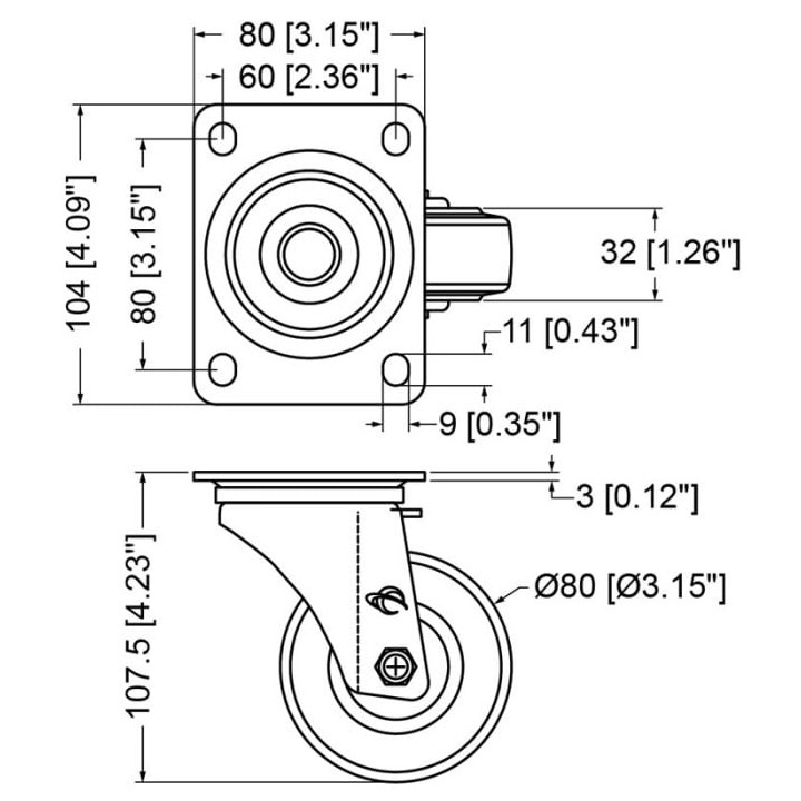 80mm Swivel Castor with Rubber Blue Wheel