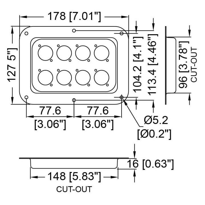 Large Black Punched for 8 x D-Series Connectors