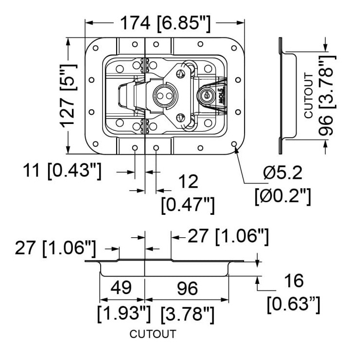 Large Recessed MOL5 Latch with Padlock Brackets and Key Lock in Deep Dish with 27mm Offset