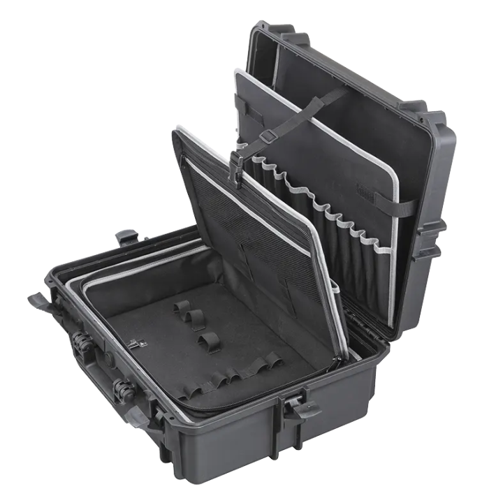 Black, tool case with shoulder strap, INT 500x350xH194(58+136)mm, EXT 555x428xH211mm, 6,74kg, 33,95L