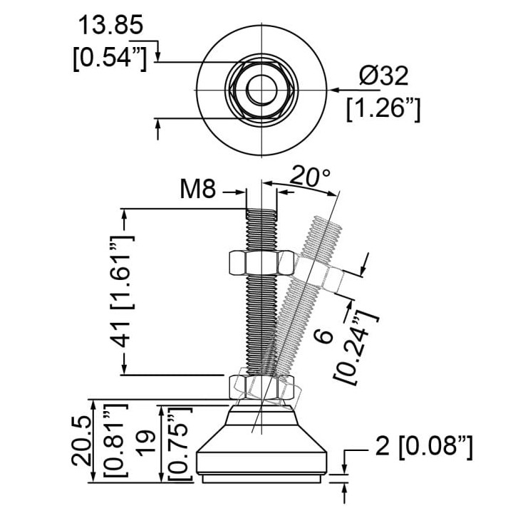 Set of 4 Steel Adjuster Feet with M8 thread for Rack Enclosures