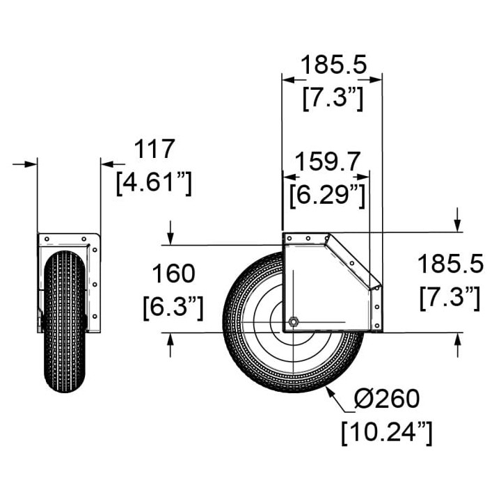 Very Large Steel Corner Castor with 260mm Pneumatic Rubber Wheel.