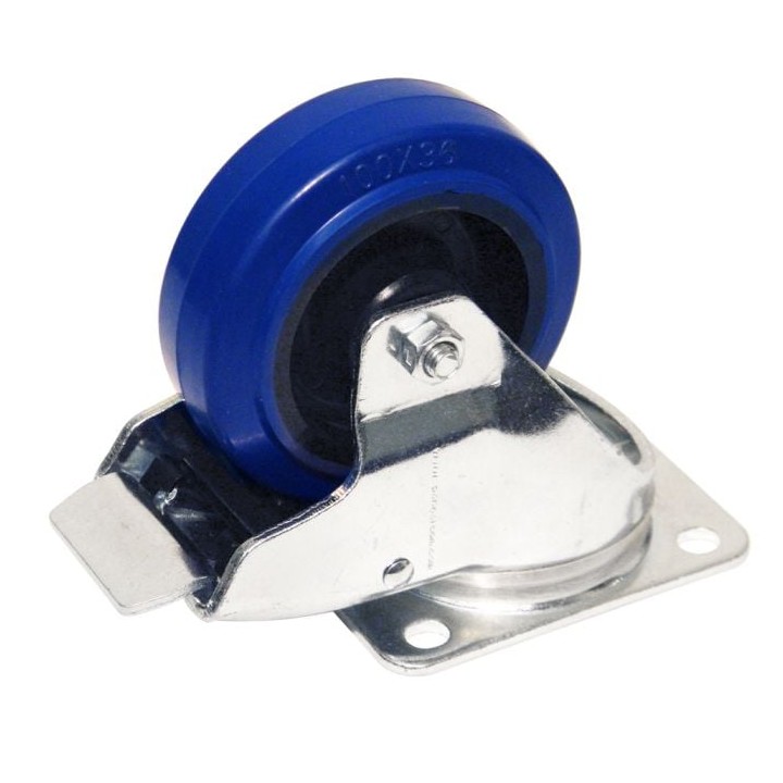 100mm Braked Swivel Castor with Rubber Blue Wheel