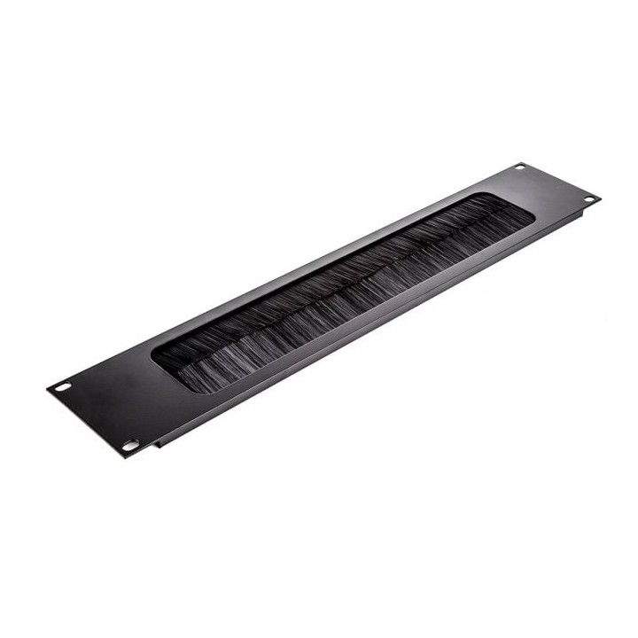 2U Black Rack Panel with Cable Access Slot and Brushes