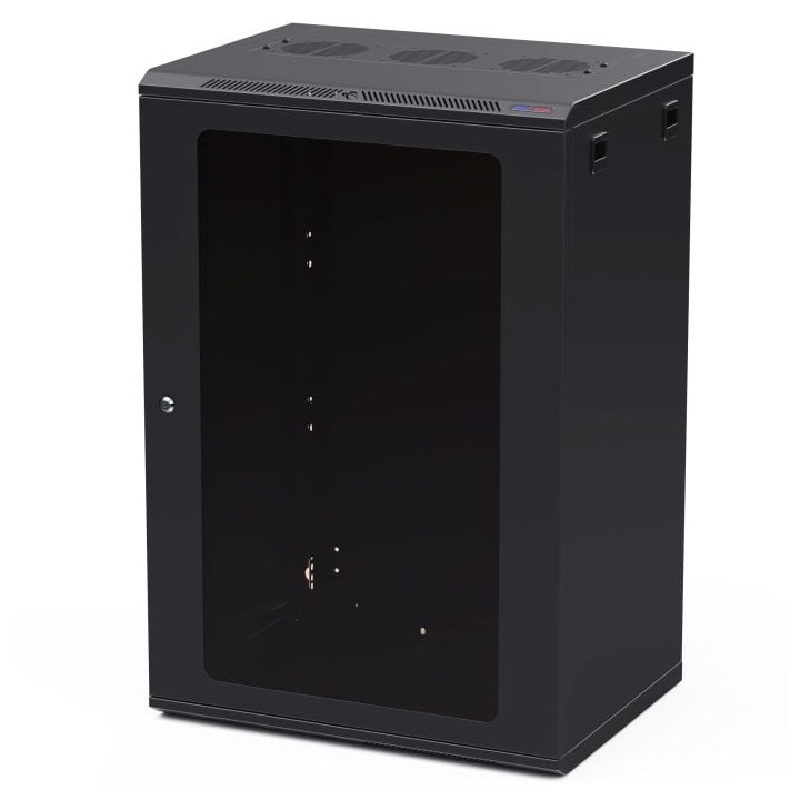 450mm Deep 18U Black Wall Mount Rack with M6 Threaded Rails and Poly Front Door