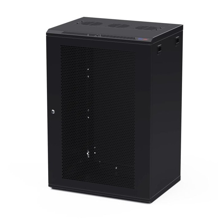 450mm Deep 18U Black Wall Mount Rack with M6 Threaded Rails and Vented Front Door