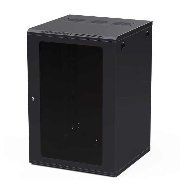 600mm Deep 18U Black Wall Mount Rack with M6 Threaded Rails and Poly Front Door