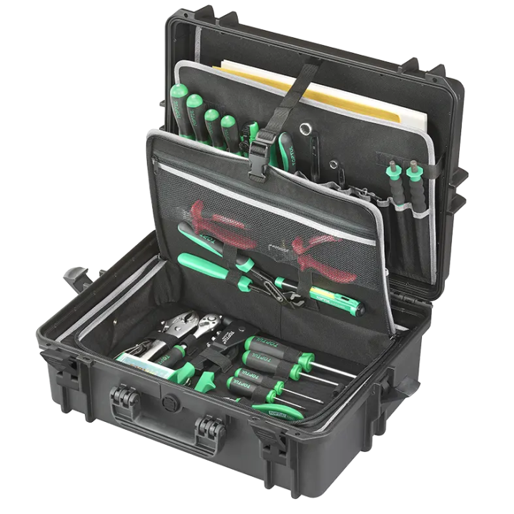 Black, tool case with shoulder strap, INT 500x350xH194(58+136)mm, EXT 555x428xH211mm, 6,74kg, 33,95L